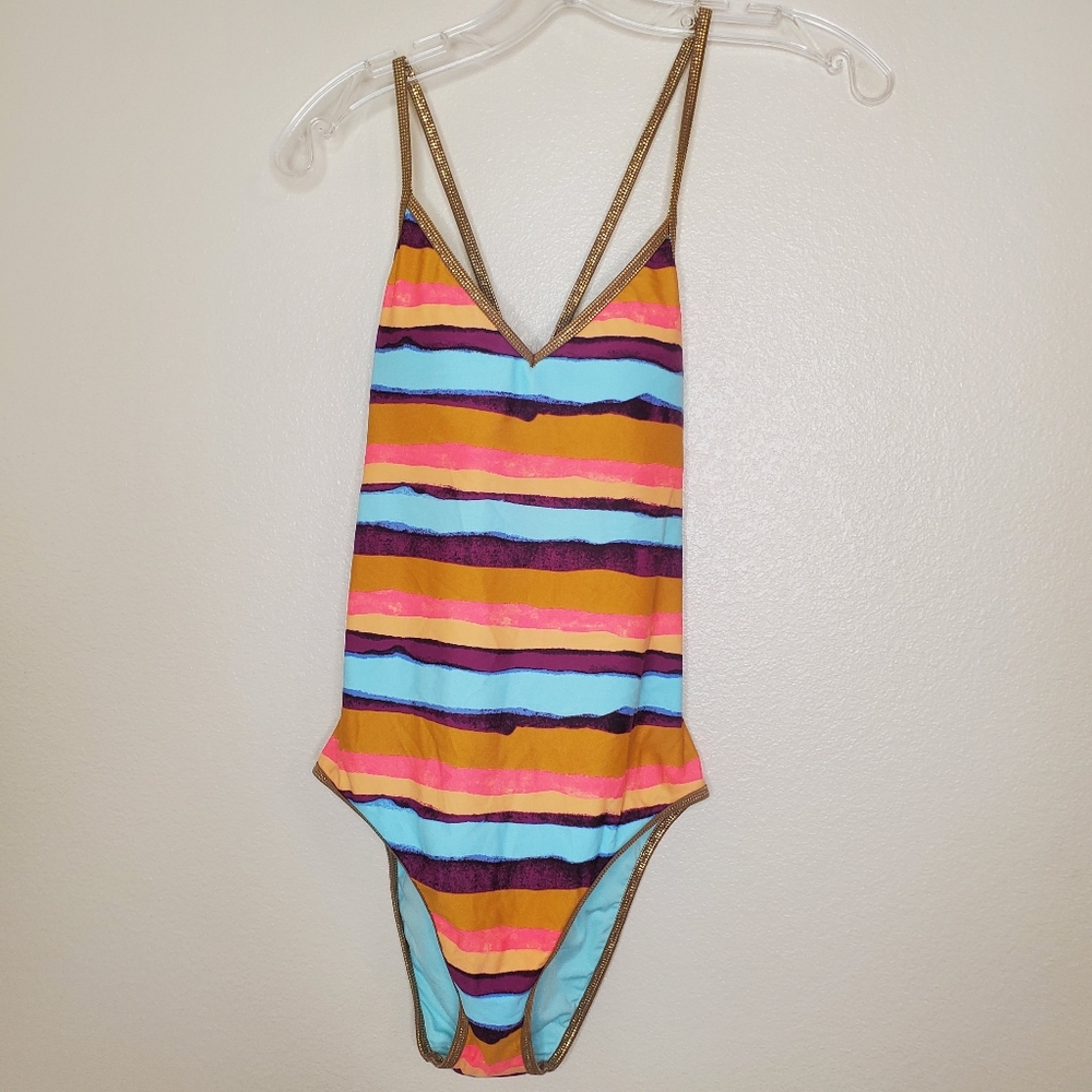 Aerie One Piece Swimsuit Orange Striped Strappy Back Full Coverage Size Small
